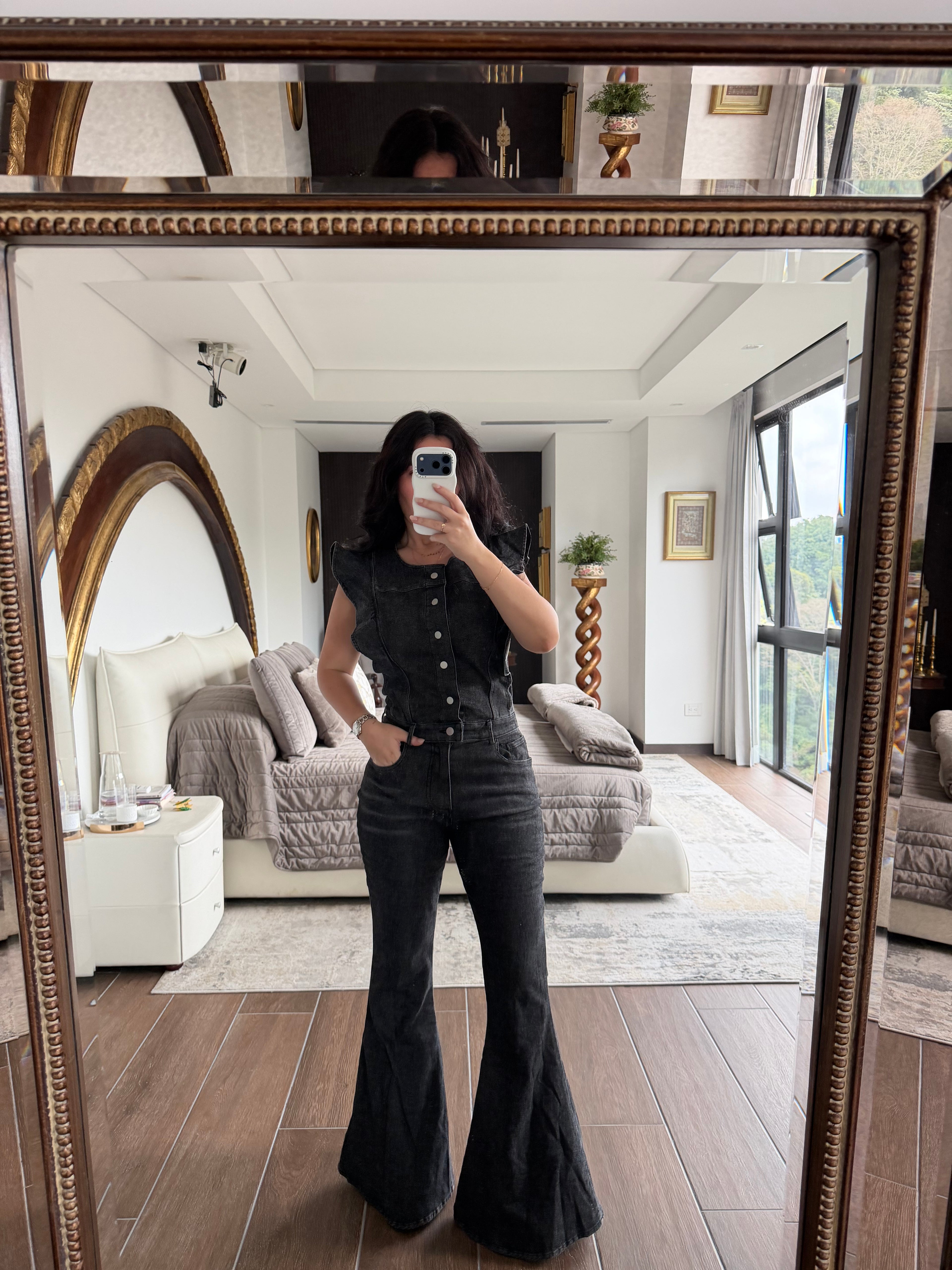 BLACK DENIM FLARE JUMPSUIT