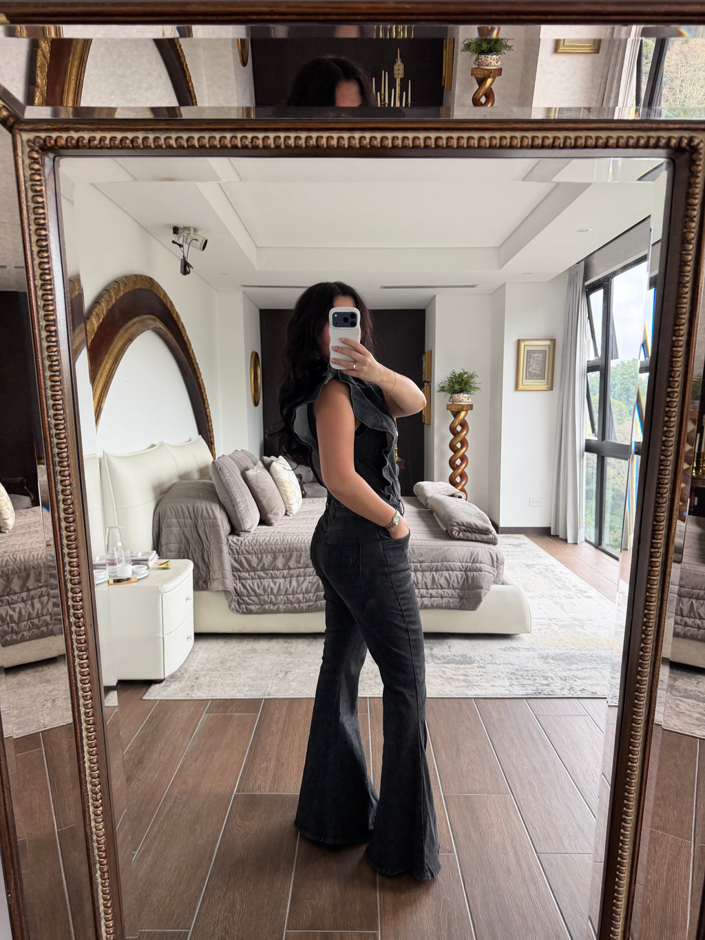 BLACK DENIM FLARE JUMPSUIT