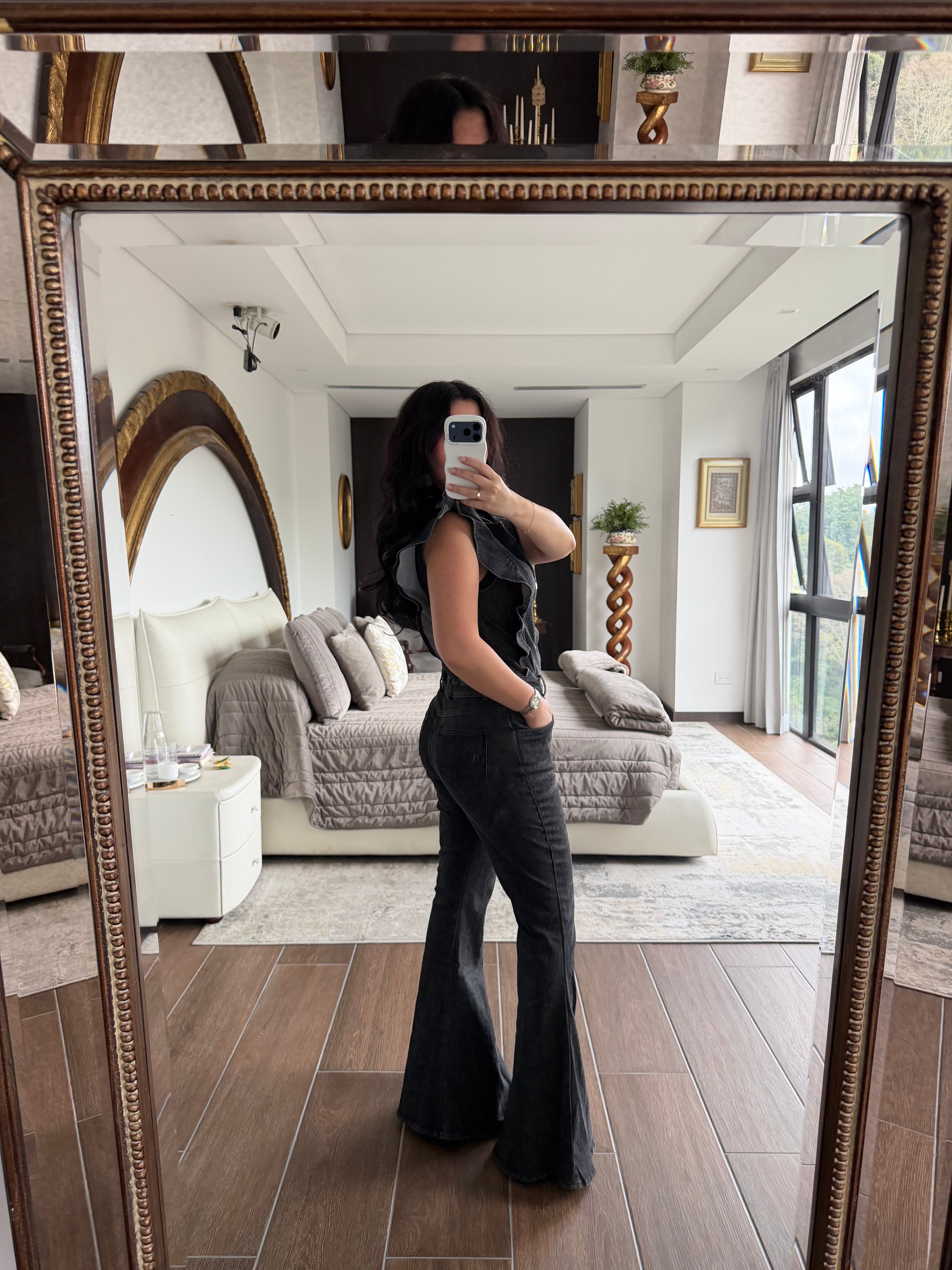 BLACK DENIM FLARE JUMPSUIT