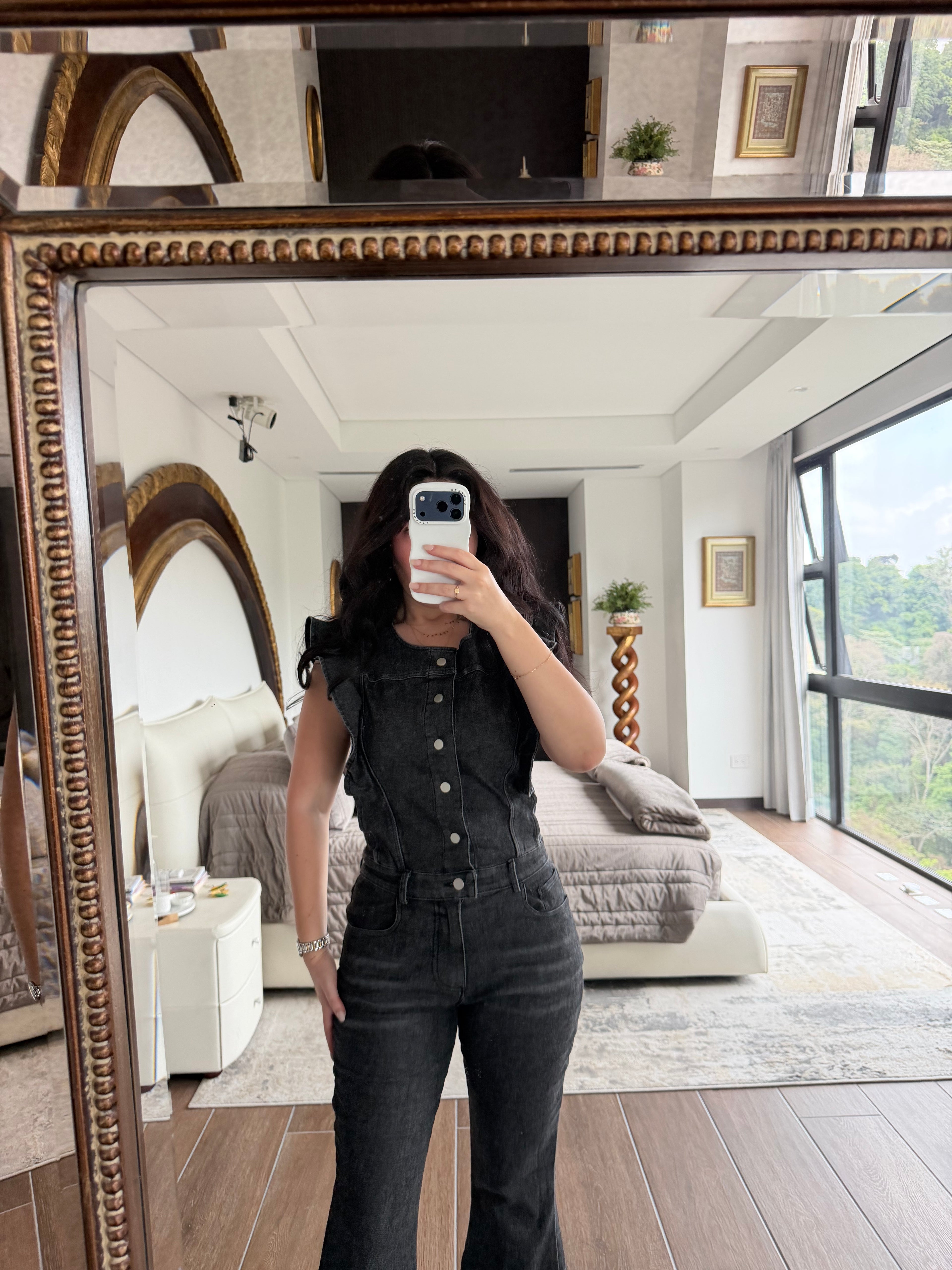 BLACK DENIM FLARE JUMPSUIT