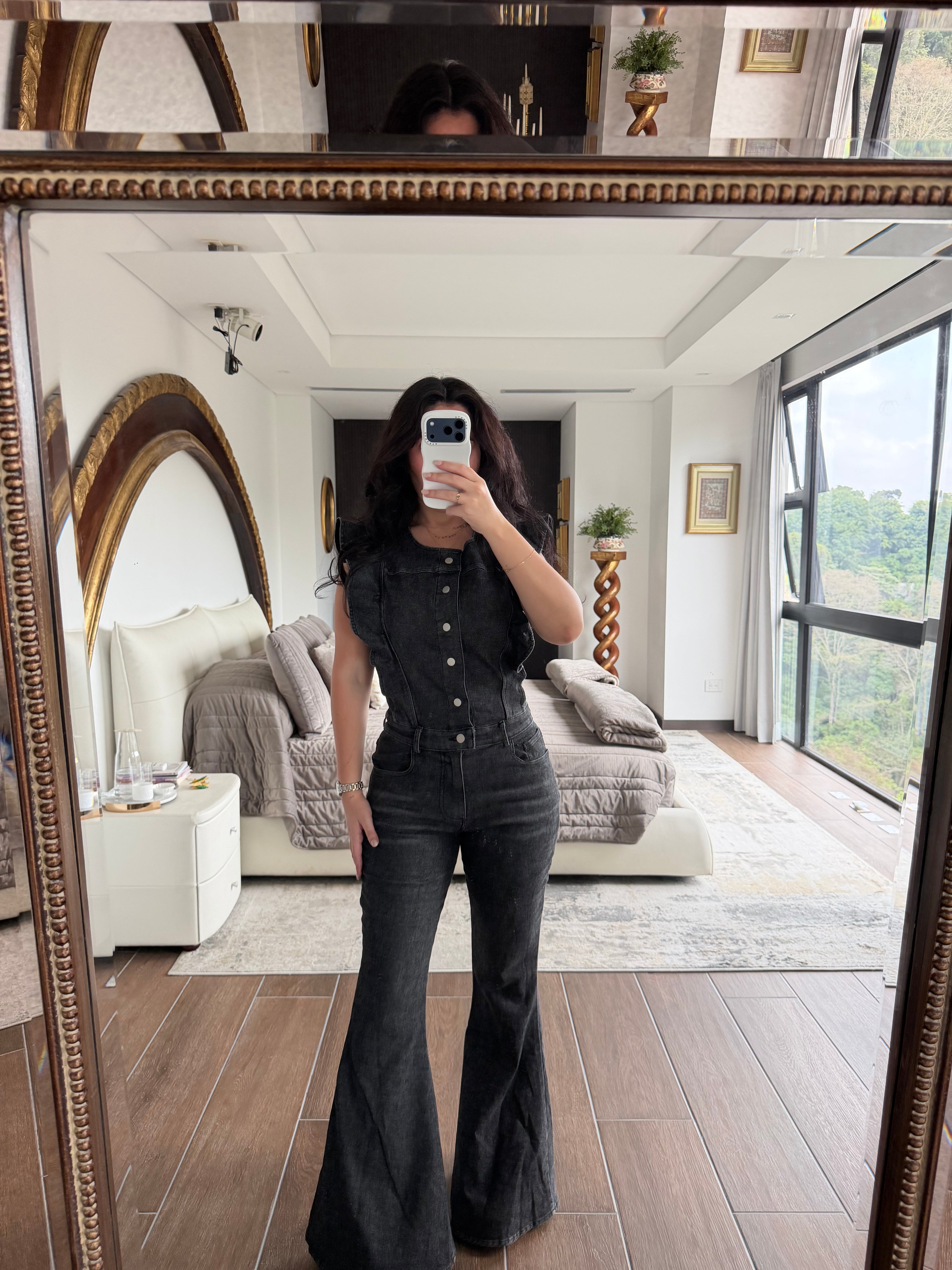 BLACK DENIM FLARE JUMPSUIT