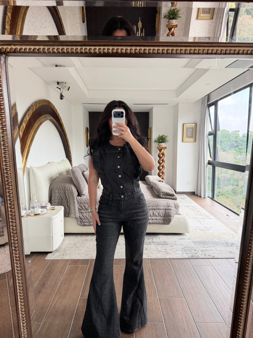 BLACK DENIM FLARE JUMPSUIT
