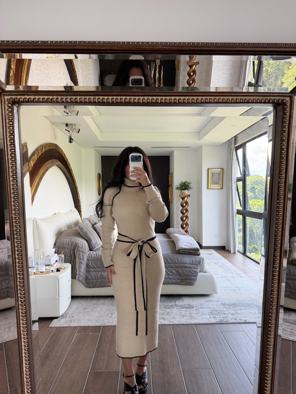 OATMEAL RIBBED KNIT MIDI DRESS