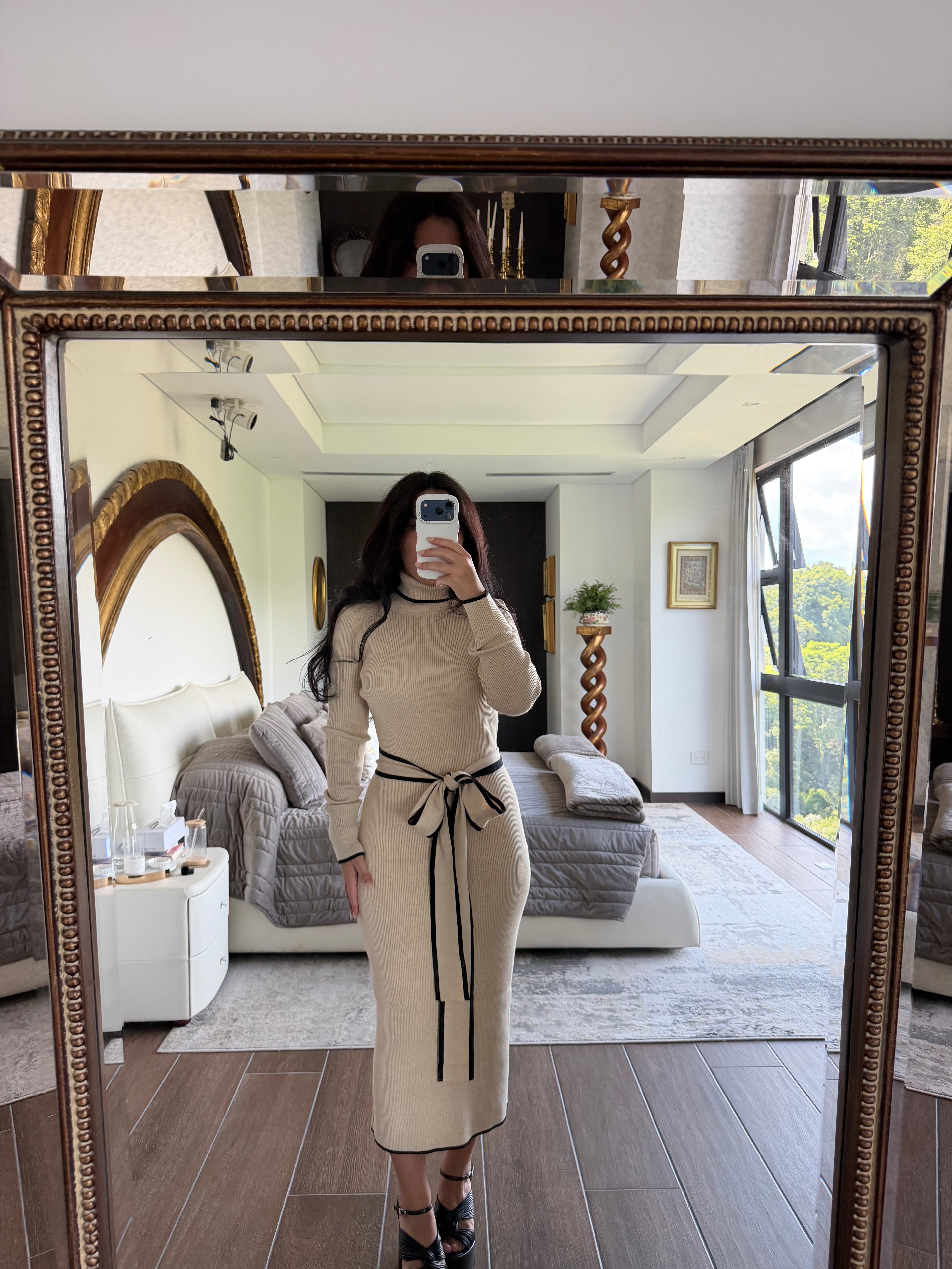 OATMEAL RIBBED KNIT MIDI DRESS