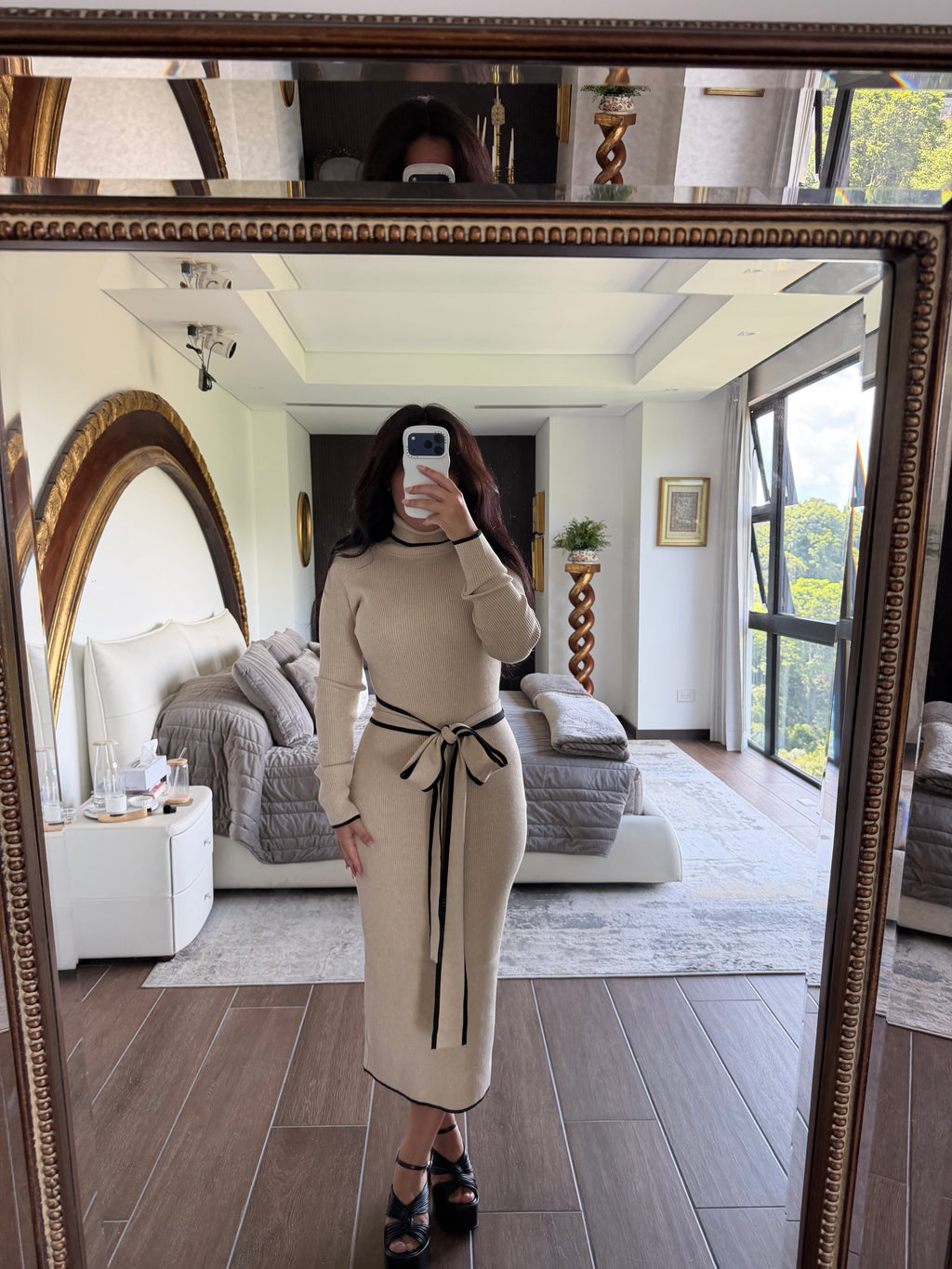 OATMEAL RIBBED KNIT MIDI DRESS