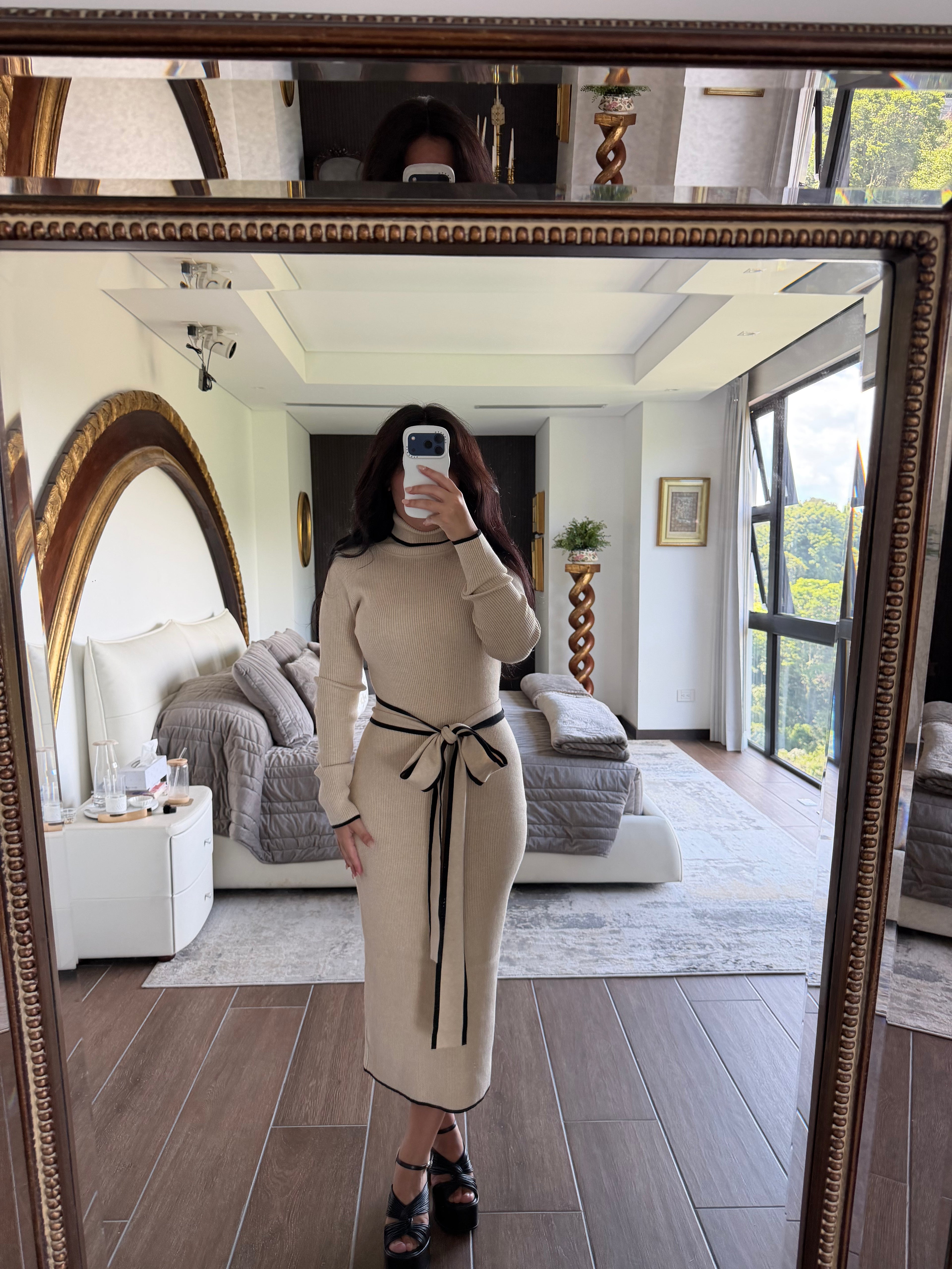 OATMEAL RIBBED KNIT MIDI DRESS