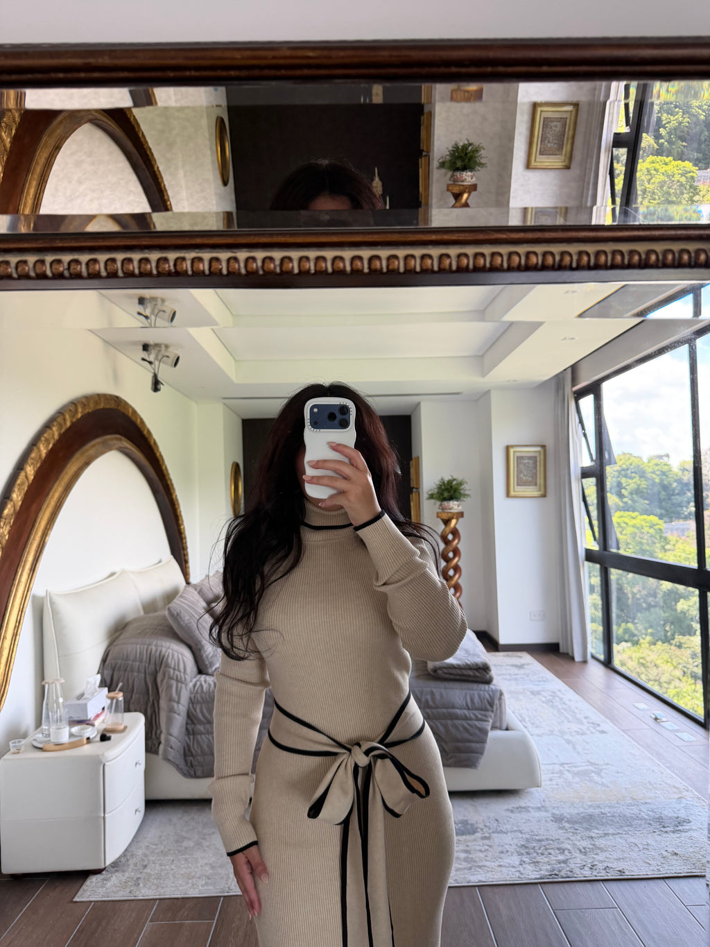 OATMEAL RIBBED KNIT MIDI DRESS