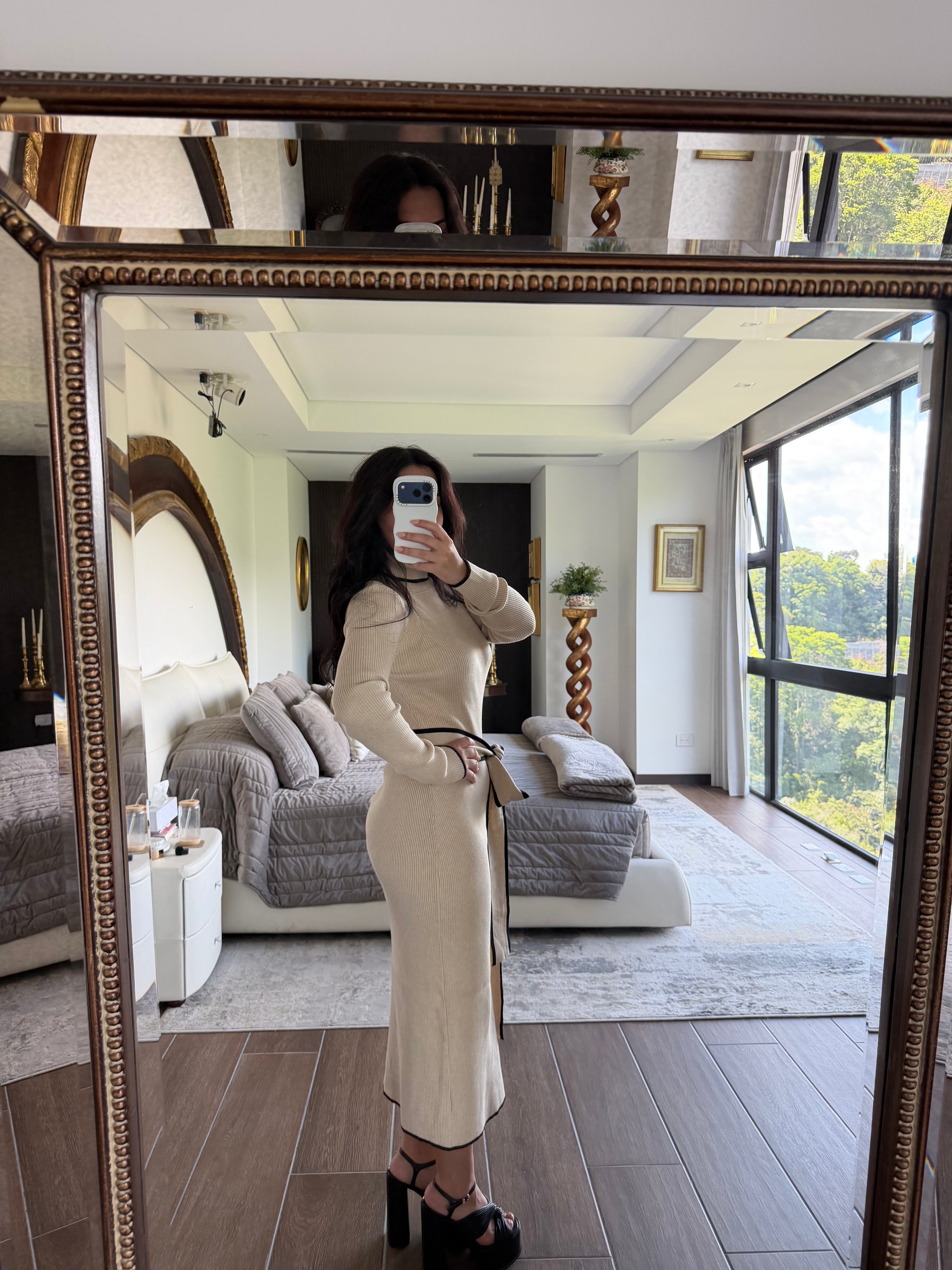 OATMEAL RIBBED KNIT MIDI DRESS